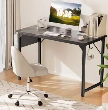 Sturdy Writing Desk for Small Space with Side Storage Bag and Iron Hook, Wooden Desk for Home Bedroom