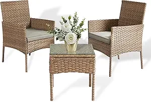 3 Pieces Patio Set Balcony Furniture Sets for Apartments.Bistro Furniture Set, Conversation Sets with Coffee Table, for Porch, Patio, Garden and Removable Cushions (Grey)