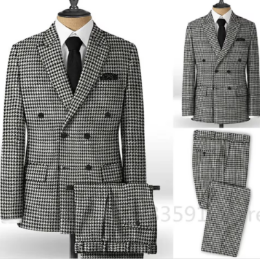 Check Houndstooth Men Suits for Groomsmen with Peak Lapel 2 Pieces Wedding Tuxedo Casual Plaid Man Fashion Jacket Pants