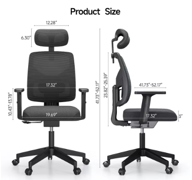 Ergonomic office chair, adjustable backrest, tilt locking function, lumbar support, armrests, 2D headrest