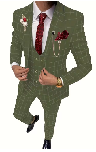 Elegant Men's Suit 3 Pieces Plaid Tuxedos Business Suits Slim Fit Double Breasted for Wedding Business (Blazer+vest+Pants)