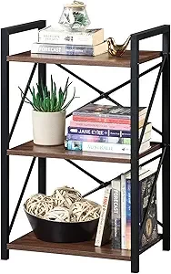 3 Tiers Bookshelf, Metal Small Industrial Bookcase for Living Room,Bedroom and Home Office, Walnut Brown