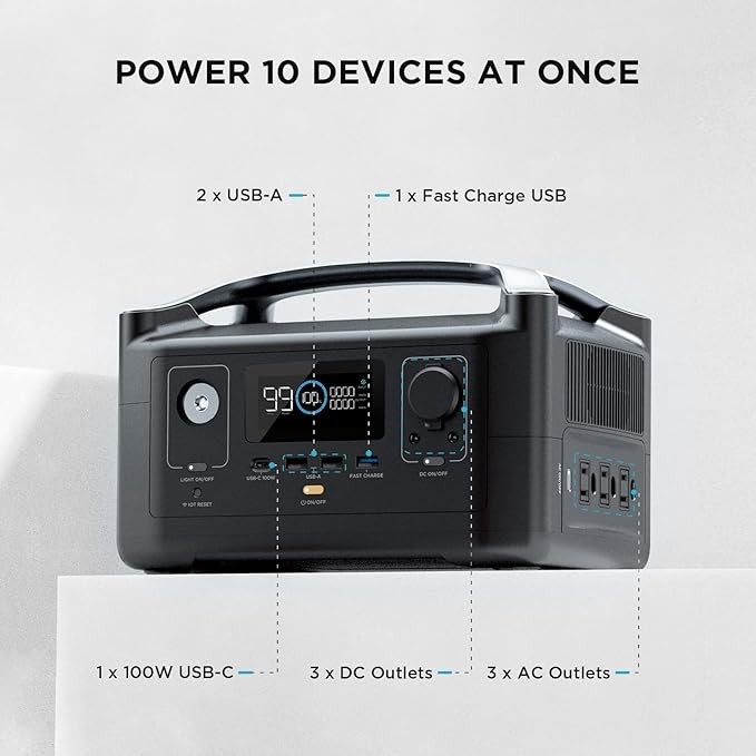 EF ECOFLOW RIVER 288Wh Portable Power Station,3 x 600W(Peak 1200W) AC Outlets & LED Flashlight, Fast Charging Silent Solar Generator (Solar Panel Optional) for Emergencies Home Outdoor Camping RV
