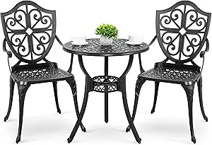 Nuu Garden Bistro Set 3 Piece Outdoor, Cast Aluminum Patio Bistro Sets with Umbrella Hole, Bistro Table and Chairs Set of 2 for Patio Backyard