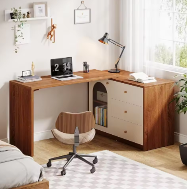 L Shaped Computer Desk with Drawers, Corner Home Office Desk with Reversible Storage Cabinet, Long Study Writing Desk