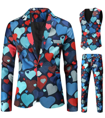 Valentine Men's Suits Three-Piece Set Printed Coat Vest Pants Suit Lovely Printed Coat+Vest+Pants Set Slim Fit Blazers Male