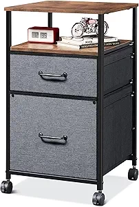 DEVAISE 2 Drawer Mobile File Cabinet, Rolling Printer Stand with Open Storage Shelf, Fabric Vertical Filing Cabinet fits A4 or Letter Size for Home Office, Rustic Brown