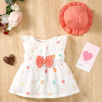 2PCS Dress Clothes Set Newborn Baby Girl Love Print Sleeveless Dress With Hat Summer Fashion Cute Wear for Infant Girl 0-9Months