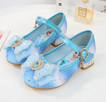 Disney Women Causal Shoes Children's High Heels Princess Elsa Girls' Shiny Rainbow Crystal Leather Pink Blue Shoes Size 23-36