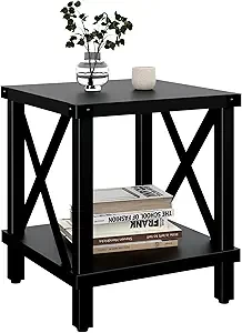 Large End Table Farmhouse Side Table Industrial Style Sofa Table Coffee Table Metal X Wood Accent End Table NightStand with Storage Shelf for Living Room Bedroom Black MLBZ16B