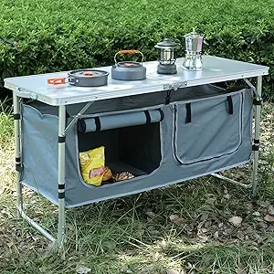 Camping Table, Folding Camping Table with Storage, Portable Kitchen Table, Lightweight, 3 Height Adjustable Aluminum Outdoor Table for BBQ, Picnic, Camping, Hiking, Beach, and Indoor