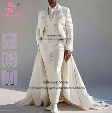 Luxury Long Tail Tuxedo Suits For Men New Design Elegant 3 Piece Jacket Pants Set Formal Grooms Wedding Blazer Vestidos De Novia