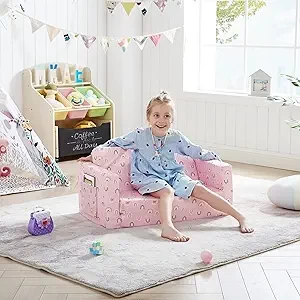 Ulax furniture Kids Fold Out Couch 2-in-1 Children Convertible Sofa to Lounger with Soft Plush Fabric(Pink Rainbow)