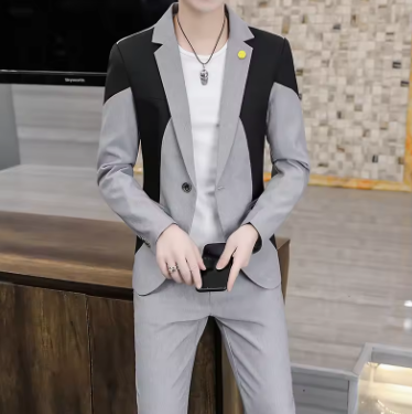 2024 autumn new men (suit + trousers) Korean version of fashion handsome match color slimming trend hairstylist two-piece set