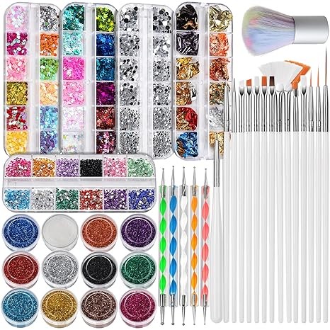 FANDAMEI Nail Art Brush Kit, Nail Design Tools Kit with Nail Art Brushes, Nail Dotting Tools,Fine Glitter,Nail Butterfly, Nail Glitter Sequins, Nail Foil Flakes, Nail Art Rhinestones, Nail Dust Brush