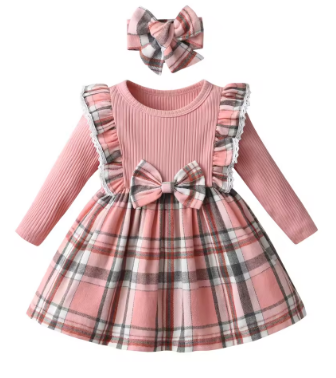 0-2 Years Princess Dress Clothes For Toddlers Baby Girls Spring Autumn Cute Long Sleeve Plaid Dresses Come with Bow Headband