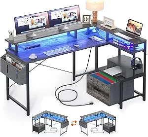 Homieasy Computer Desk with File Drawer Cabinet, L Shaped Office Desk with Printer Stand & Full Monitor Stand, 48 Inch Gaming Desk with Power Outlets Led Light Storage Bag Hanging Hooks, Black Oak