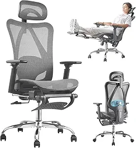Ergonomic Office Chair, SGS Certified Class 4 Gas Cylinder, 400 LBS Capacity, Retractable Footrest, Adjustable Lumbar Support, Breathable Mesh（Grey）
