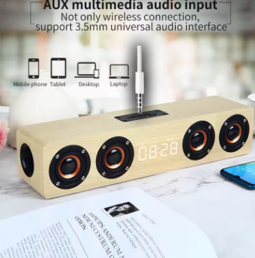 Wireless Bluetooth Speakers Wooden Digital Clock TV BT Sound Box Heavy Bass FM Radio 3D Stereo Surround Sound Bar caixa de som