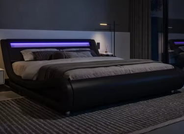 Queen Size LED Platform Bed Frame, Adjustable Headboard/No Box Spring Need/Easy Assembly/Faux Leather, Bedroom Furniture Beds