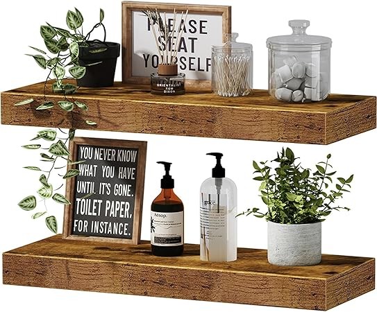 QEEIG Floating Shelves for Wall Bathroom Shelf Bedroom Kitchen Farmhouse Small Book Shelf 16 inch Set of 2, Rustic Brown (015-BN2)