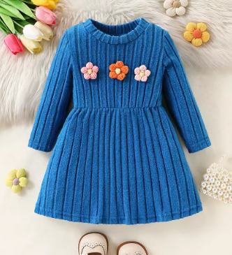 Baby girl baby casual fleece pit stripe three-dimensional flower decoration small high collar long sleeved waist cinching dress