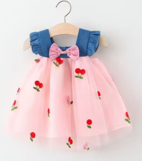 Summer Girl Dress Denim Fly Sleeved Bow Cute Cherry Colored Mesh Princess Dress Suitable for Babies Aged 0-3