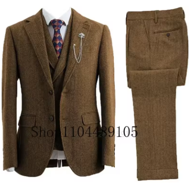 Elegant Man Suit Three-piece Herringbone Suit Mens Suits 3 Piece Coarse Woolen Fabrics Customize Business Activities Banquet