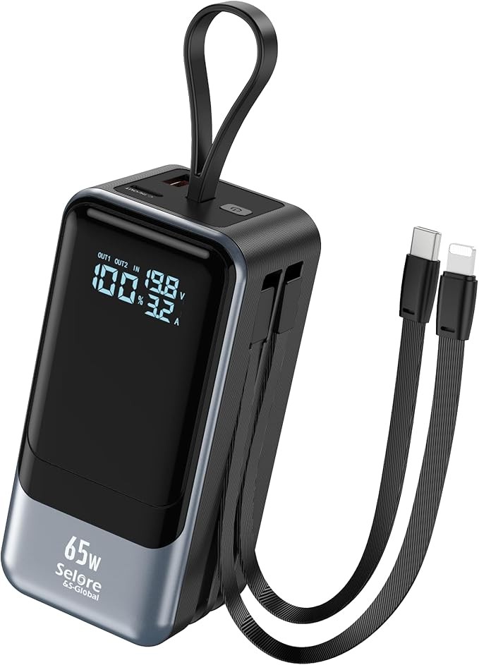 Selore Power Bank, 65W Laptop Portable Charger with Built in USB C Cable, 4 Outputs, Fast Charging External Battery Pack for Laptop MacBook Dell XPS iPad Tablet iPhone 16/15 Series Samsung S24 et
