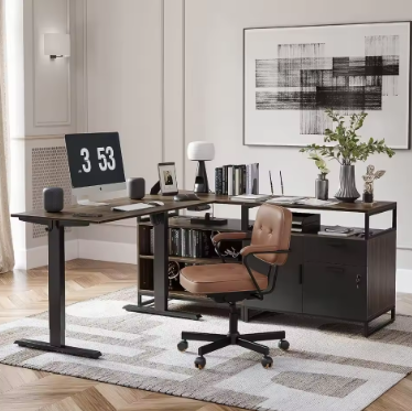 66 Inch L Shaped Executive Standing Desk with File Cabinet & Shelves, Electric Height Adjustable
