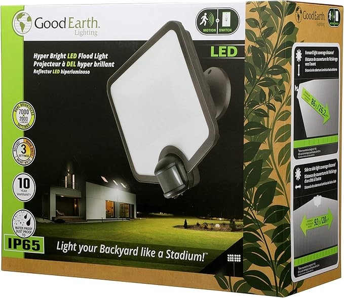 Good Earth Lighting Hyper Bright LED Motion Activated Security Flood - Bronze, 2000 or 7000 Selectable Lumens, 3000K/4000K/5000K Color Selectable Temperature, IP65 Rated